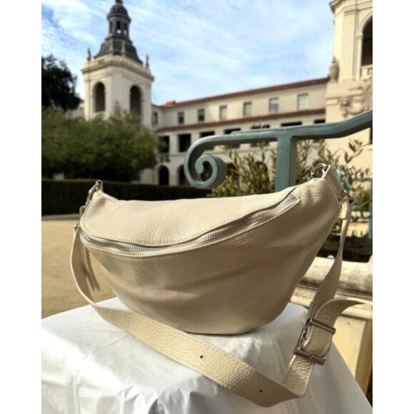 Banana Italian Leather Beige Crossbody Shoulder Bag